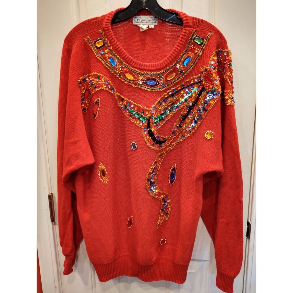 VTG ViVien Forest Womens Sweater L Red Embellished Jewels Festive Holidays Chris